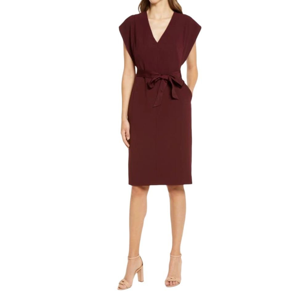ELIZA J Flutter Split Sleeve Tie Waist Sheath Dress in Wine